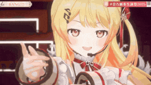 a girl with a microphone on her head is wearing a red and white dress