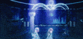two anime girls are standing in front of a stage with a blue light behind them