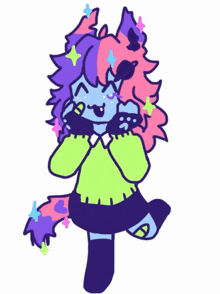 a cartoon drawing of a girl with a purple and pink hair
