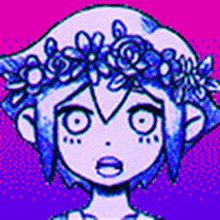 a cartoon girl with a flower crown on her head is wearing a hat .