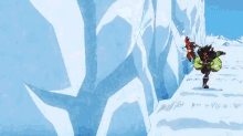 a cartoon drawing of a person standing on a snow covered cliff
