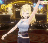 a 3d anime girl is standing on a stage with her arms outstretched .