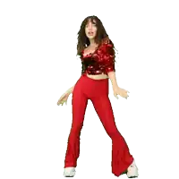a woman in a red top and red pants is dancing on a white background .