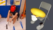 a man is sitting on a chair next to a cartoon character holding a hamburger .