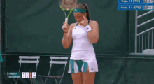a woman is holding a tennis racquet on a tennis court .