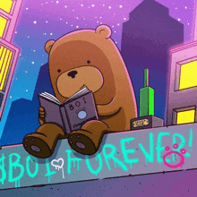 a teddy bear is sitting on a ledge reading a book called boi