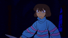 a cartoon character with a blue shirt and purple stripes