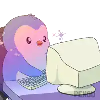a cartoon of a penguin sitting in front of a computer screen with the word pengu on the bottom