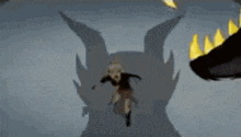 a cartoon of a person running from a monster 's mouth .