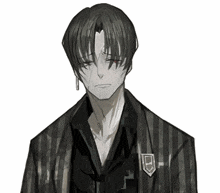 a black and white drawing of a man in a striped shirt