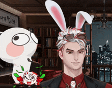 a man wearing bunny ears and sunglasses stands next to a rabbit