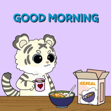 a cartoon of a tiger drinking a cup of coffee and eating cereal