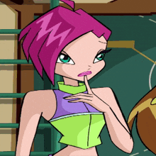 a cartoon girl with pink hair and green eyes is holding her finger to her mouth