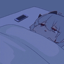 a cartoon of a girl laying in bed with a phone shining on her face
