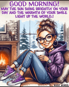 a girl is sitting on a couch holding a cup of coffee and says good morning