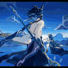 a drawing of a person holding a spear with the number 3 in the background