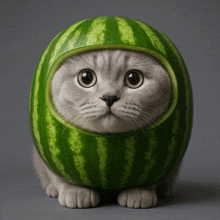 a cat wearing a watermelon on its head looks at the camera