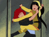 a girl with red hair is being held by another girl with black hair