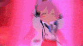 a cartoon girl with pink hair is wearing a name tag that says ' ao ' on it