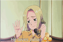 a cartoon of a girl talking on a phone with the words he loves julian above her