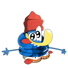a cartoon character wearing a red hat and blue hoodie