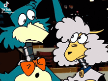 two cartoon characters are standing next to each other and one has a bow tie on .