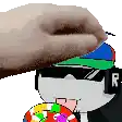 a hand is touching a cartoon character wearing sunglasses and a hat with the letter r on it .