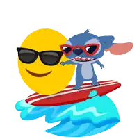 a cartoon of stitch riding a surfboard next to a yellow smiley face wearing sunglasses