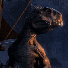 a close up of a dinosaur 's face with sharp teeth