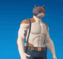 a man without a shirt is wearing suspenders and has a tattoo on his arm