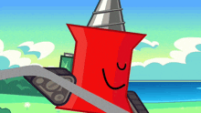 a cartoon drawing of a red pin with a drill on top of it