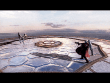 a man in a red coat is holding a gun in a video game scene