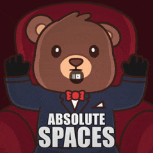 a teddy bear wearing a suit and bow tie with the words absolute spaces written on it