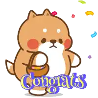a cartoon dog holding a basket with the words congrats behind it