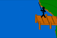 a stick figure is fishing on a dock with a blue background