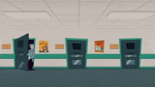 a cartoon of a man opening a door in a hallway with posters on the wall that say push