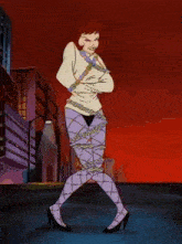 a cartoon of a woman in a straight jacket and tights is walking down a street .