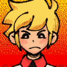 a cartoon drawing of a boy with yellow hair making a sad face