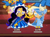 two cookie run characters are standing next to each other with lv.45 and lv.70