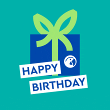 a blue present with a green bow and the words happy birthday