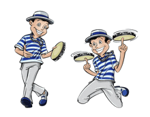 a cartoon drawing of a man holding a tambourine and pointing