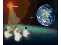 a painting of a group of people looking at the earth with the words knowledge peace and power visible