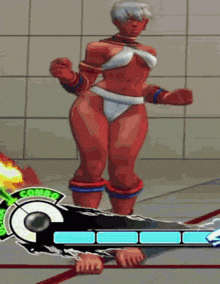 a woman in a red bikini is standing in front of a combo bar