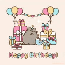 a birthday card with a cat surrounded by gifts and balloons
