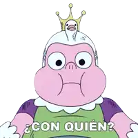 a cartoon character with a crown on his head and the words con quien on the bottom