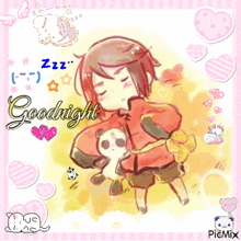 a picture of a boy hugging a panda bear with the words goodnight written on the bottom