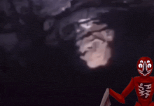 a red skeleton with a sword in front of a black background