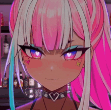 a close up of a girl with pink hair and a heart on her cheek