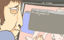a cartoon drawing of a man looking at a computer screen that says 000 terminal