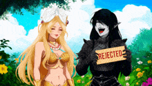 a woman holding a sign that says " rejected " next to another woman